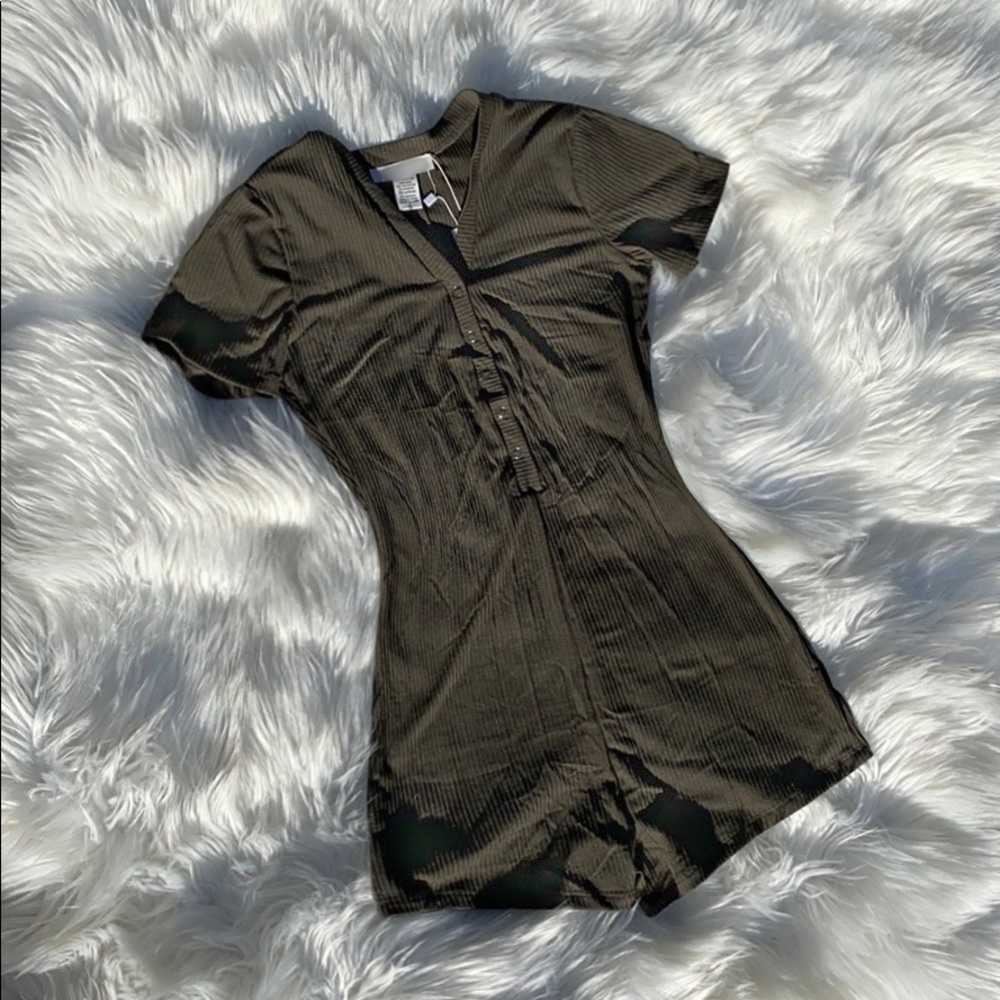 Olive Button Ribbed Romper